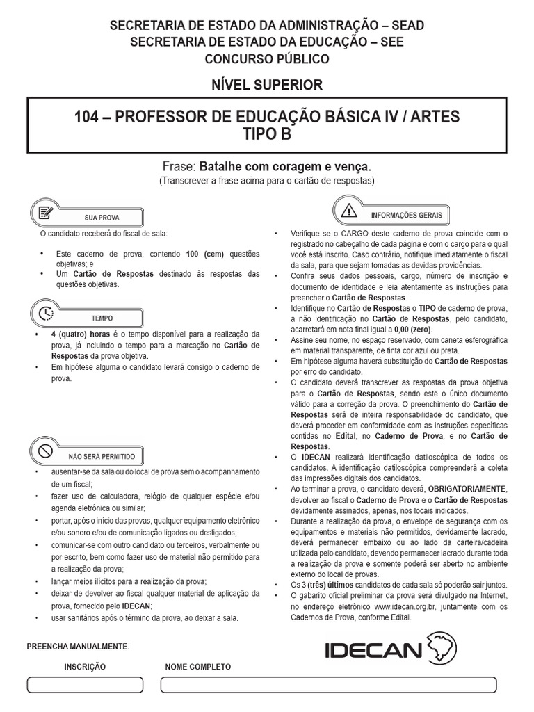 Prova para Professor de Artes IV | PDF | Educação Especial | Pedagogia