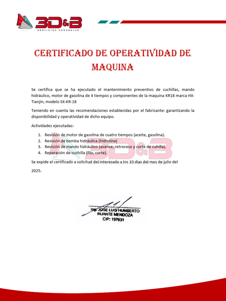 Certificado de Operatividad KR18 | PDF