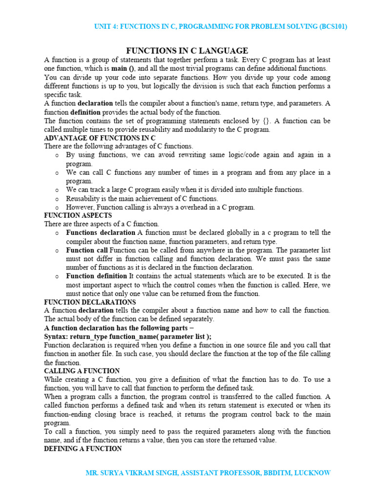 Functions in C Programming Basics | PDF | Parameter (Computer ...