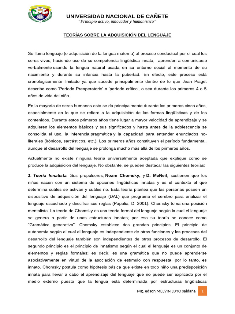 Teorías de la Adquisición del Lenguaje | PDF | Aquisición de idioma ...