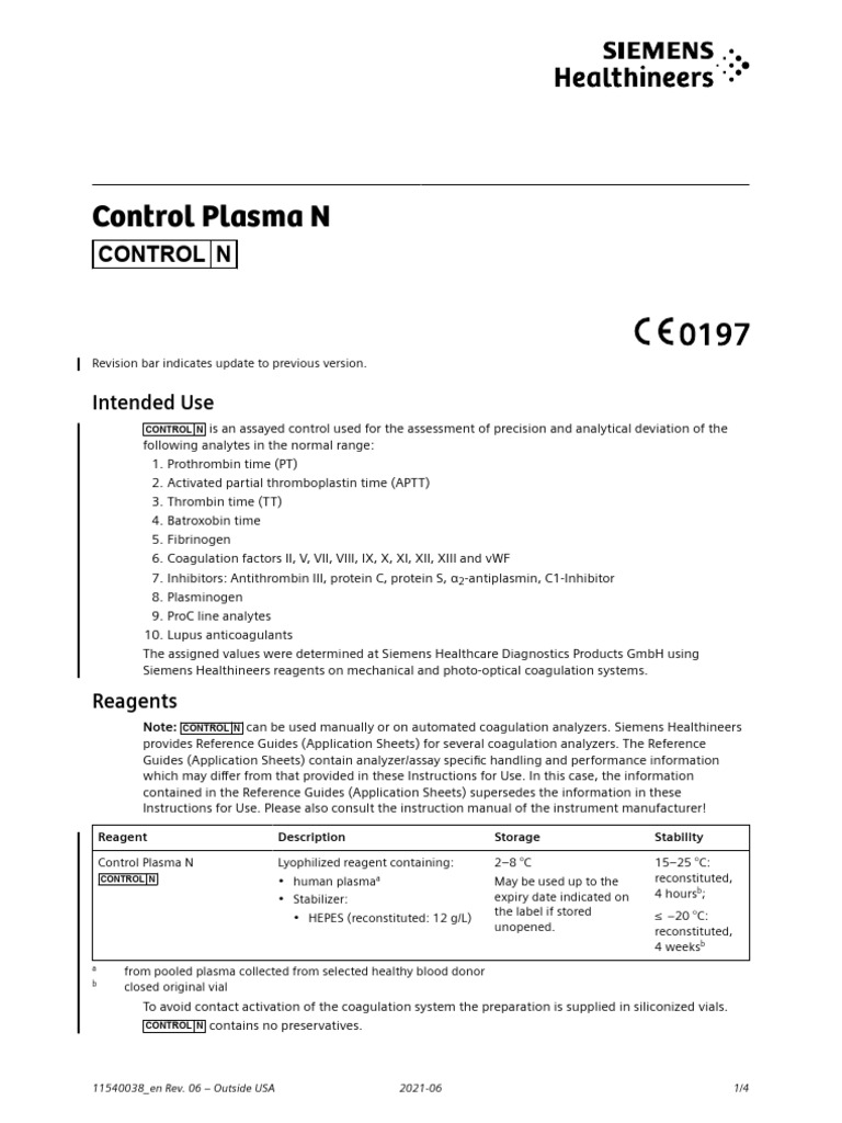 Control Plasma N: Assayed Coagulation Standards | PDF | Coagulation ...