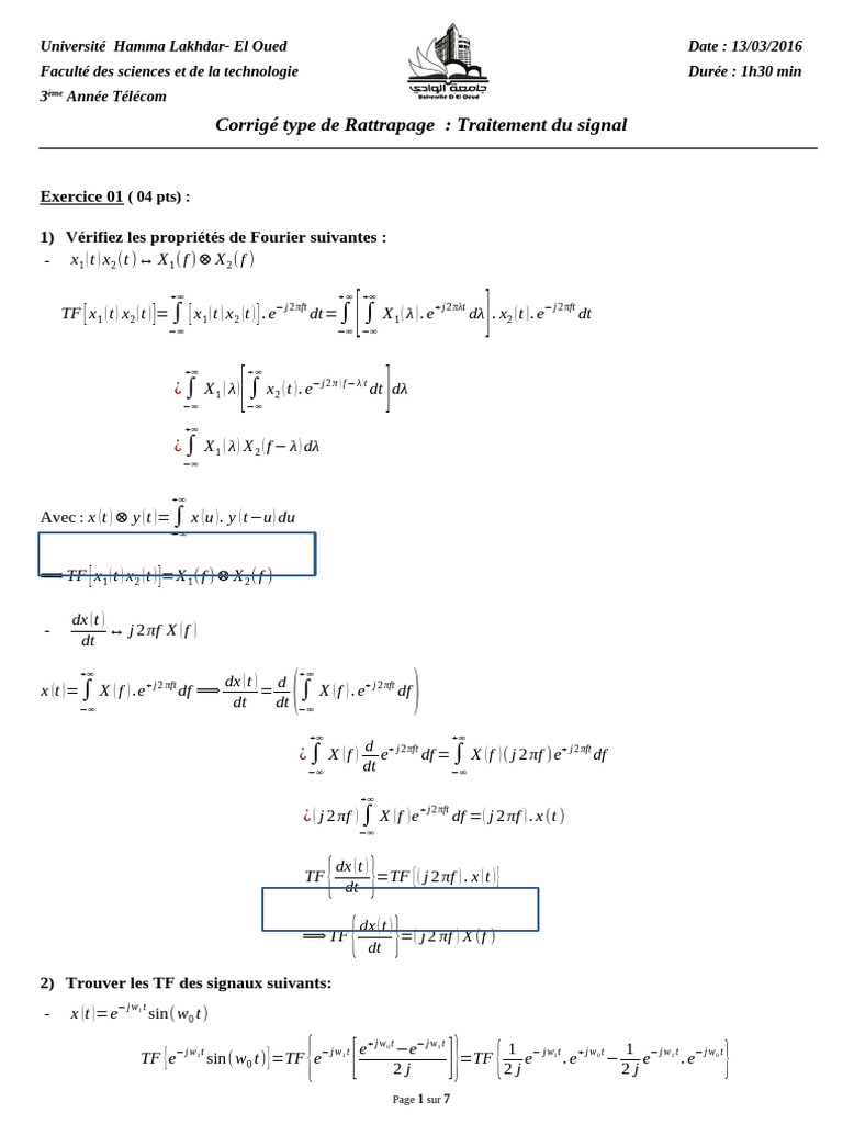 Corrigé Rattrapage Traitement Signal | PDF | Analyse complexe ...