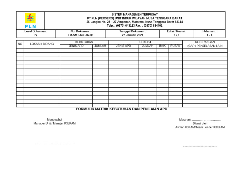 Formulir Penilaian Kebutuhan APD PLN | PDF