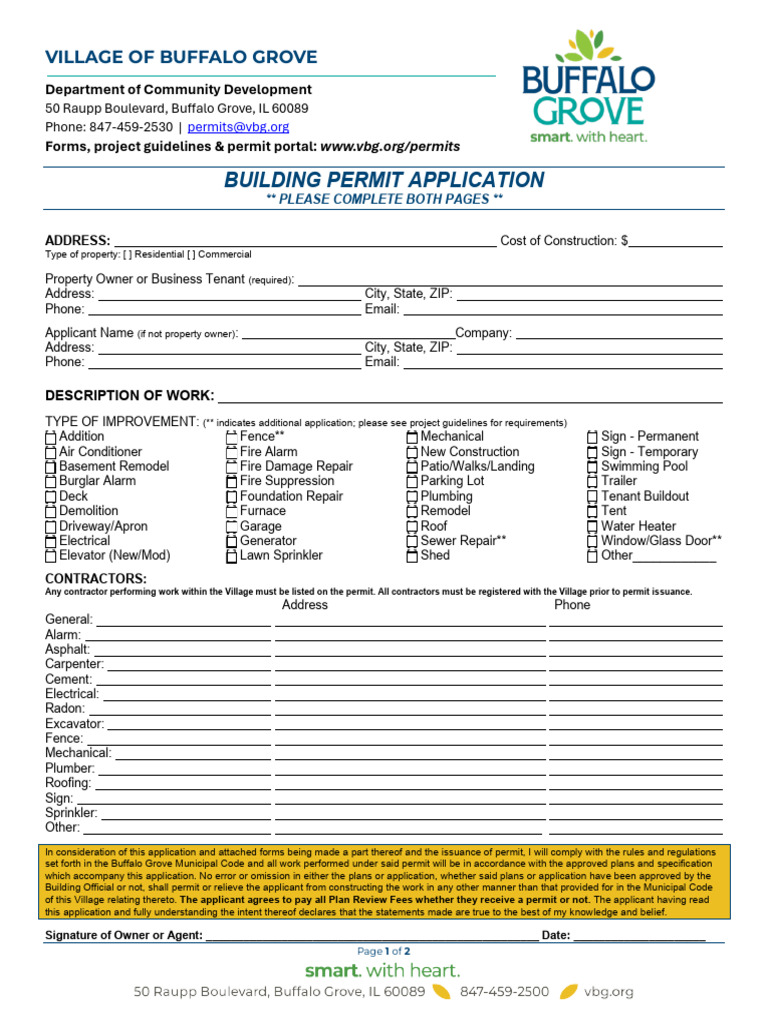 Buffalo Grove Building Permit Application | PDF | Sidewalk | Building ...