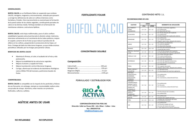 Fertilizante Biofol Calcio: Beneficios y Uso | PDF | Calcio | Hoja