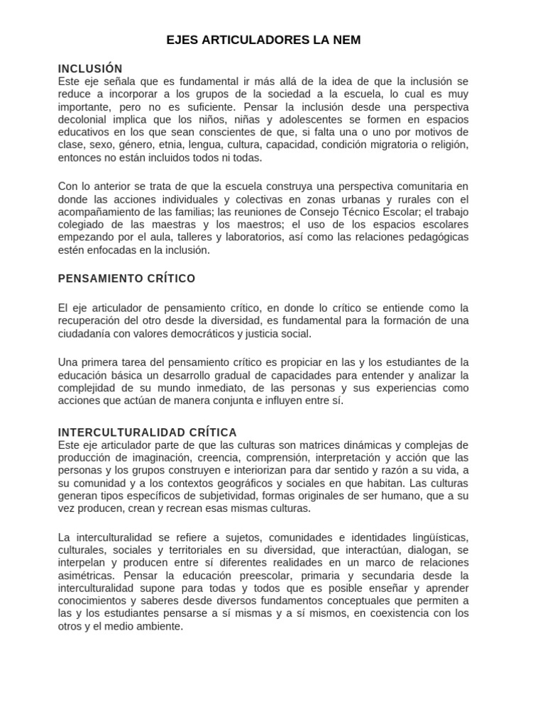 Ejes Articuladores de la NEM | PDF | Inclusión (Educación) | Pensamiento