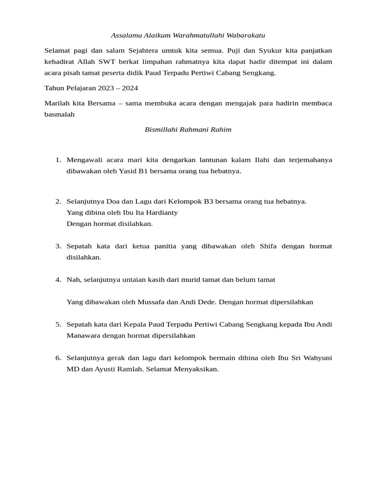 Acara Pisah Tamat PAUD Pertiwi 2024 | PDF