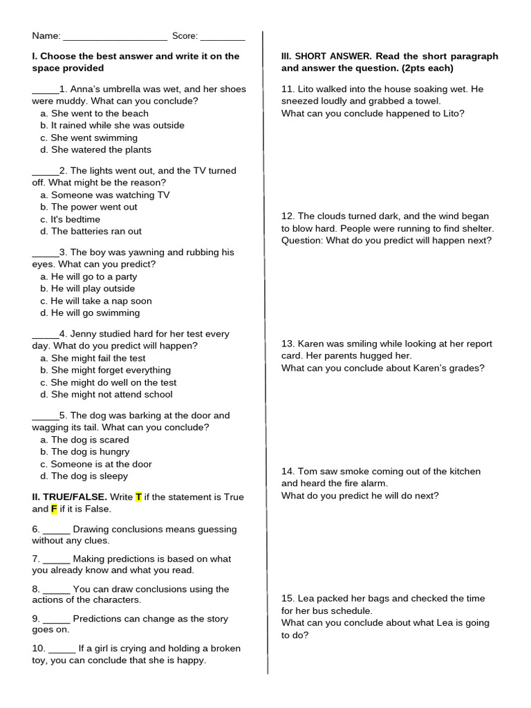 Grade 5 Predictions and Conclusions Test | PDF