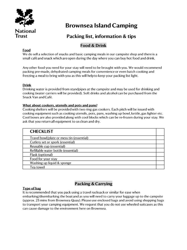 Brownsea Island Campsite Packing List and Tips | PDF