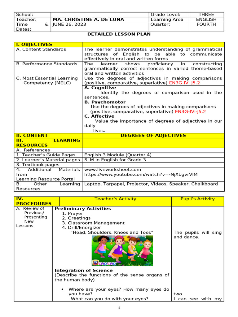 Lesson Plan: Degrees of Adjectives | PDF | Adjective | Grammar