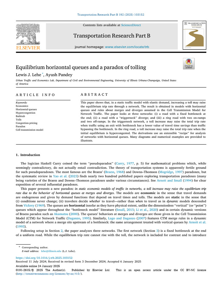 Lehe - 2025 - Equilibrium Horizontal Queues and A Paradox of Tolling ...