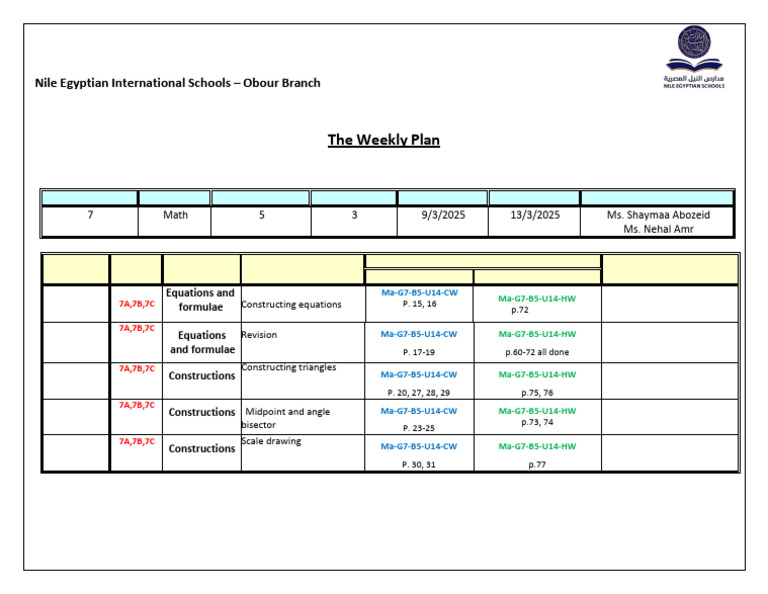 Weekly Plan Maths - B5 - W3 - (Obour) | PDF | Geometric Shapes ...