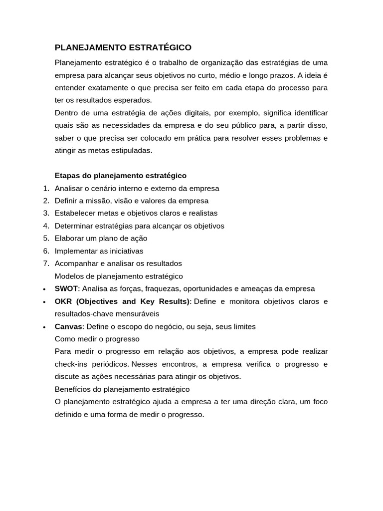 Planejamento Estratégico: Etapas e Benefícios | PDF