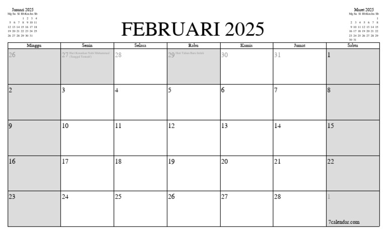 Kalender Januari 2025 di 7calendar | PDF