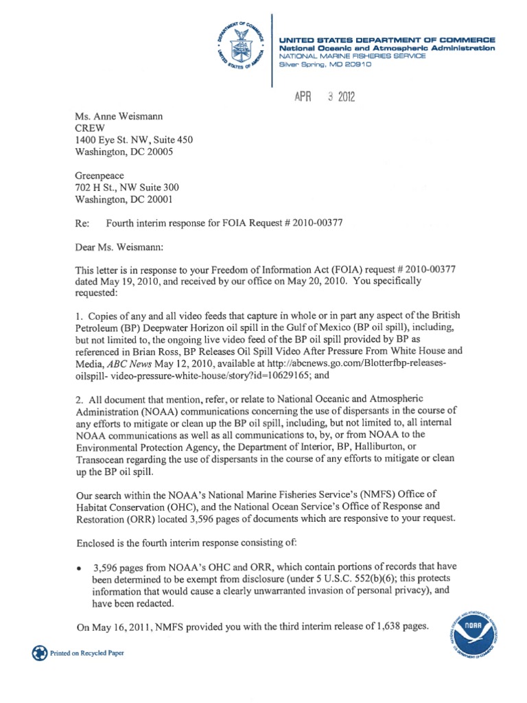 CREW NOAA Regarding BP Oil Spill 4/3/2012 NOAA Response Letter Deepwater Horizon Oil
