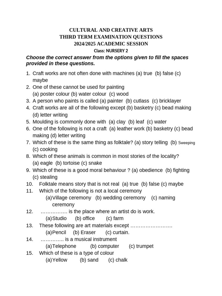 Nursery 2 Creative Arts Exam Questions | PDF | Drawing | Pottery