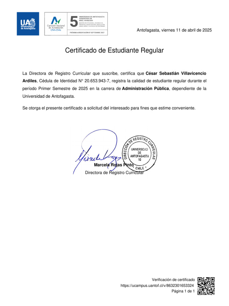 Certificado de Estudiante Regular 2025 | PDF