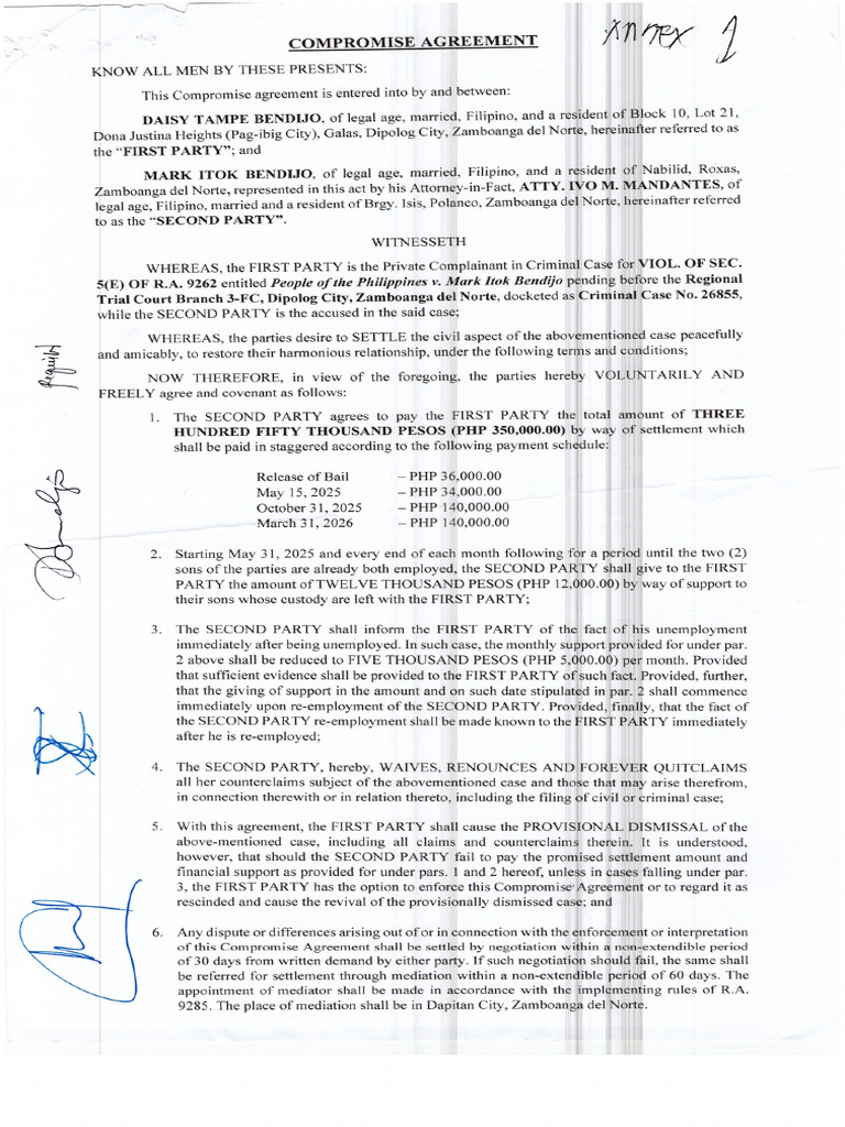 Annex 1.compromise Agreement With Affidavit of Desistance - Civil Case ...