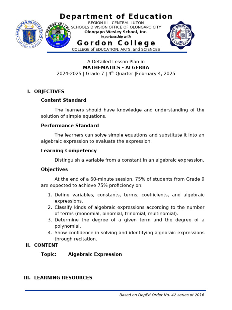 Grade 7 Algebra Lesson Plan | PDF | Polynomial | Equations