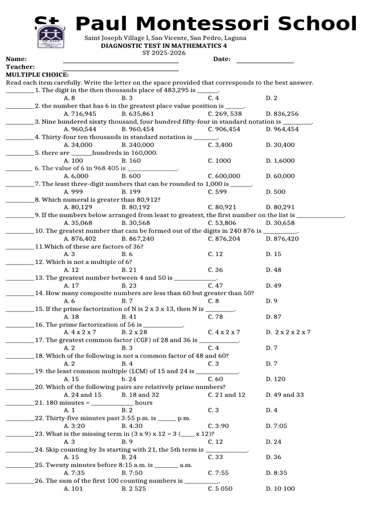 Math Diagnostic Test for Grade 4 | PDF | Euclidean Geometry ...