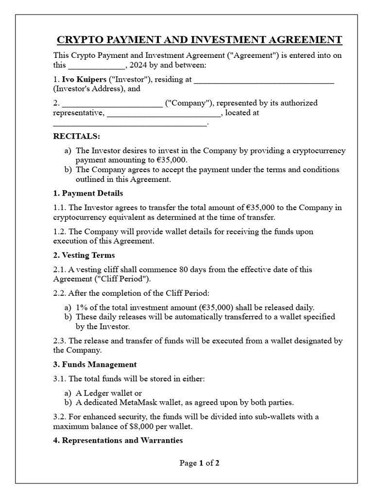 Crypto Payment and Investment Agreement | PDF | Mediation | Cryptocurrency