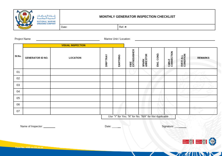 Monthly Generator Inspection Checklist | PDF | Quality
