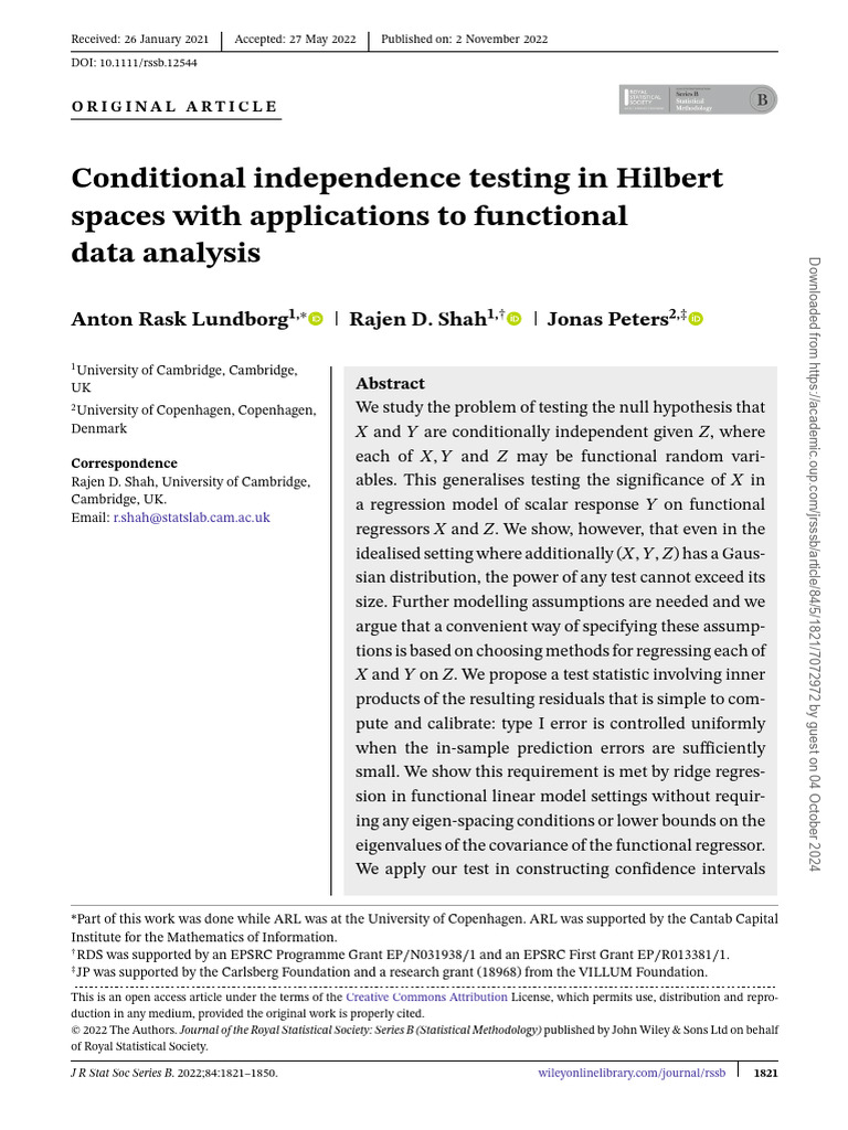 Conditional Independence Testing in FDA | PDF | Regression Analysis ...