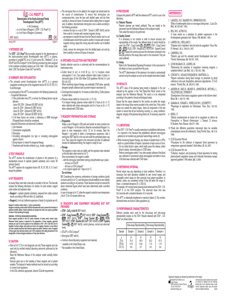 APTT Testing with C.K. Prest® Kit | PDF | Coagulation | Blood Plasma