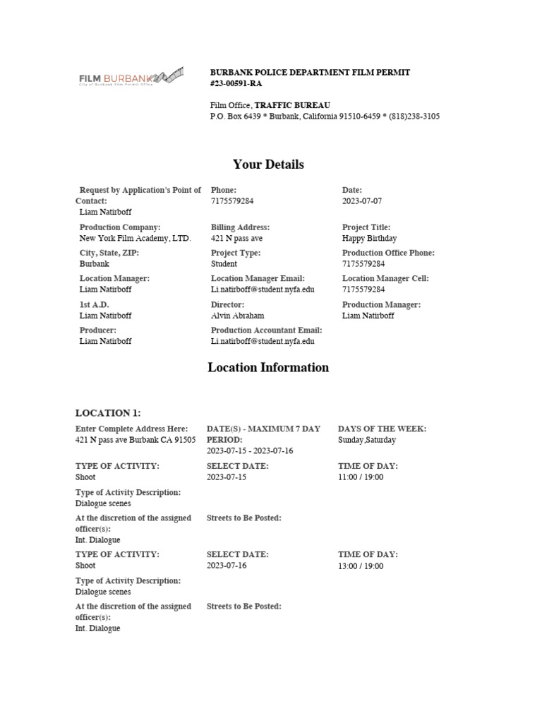 Burbank Film Permit #23-00591-RA | PDF | Indemnity