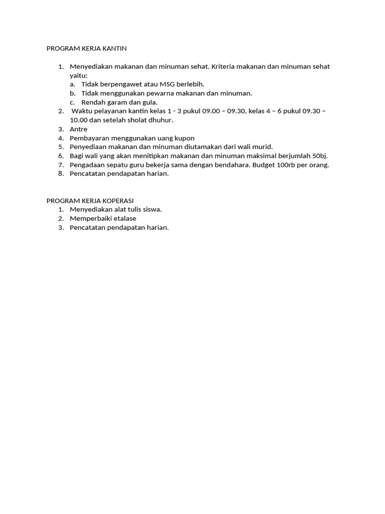 Program Kerja Kantin dan Koperasi Sekolah | PDF