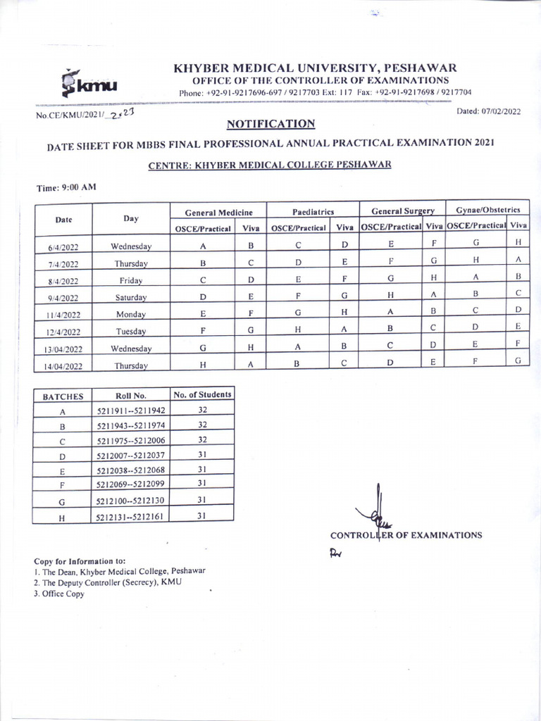 Final Year MBBS Datesheet For Practical Examination 2021 | PDF