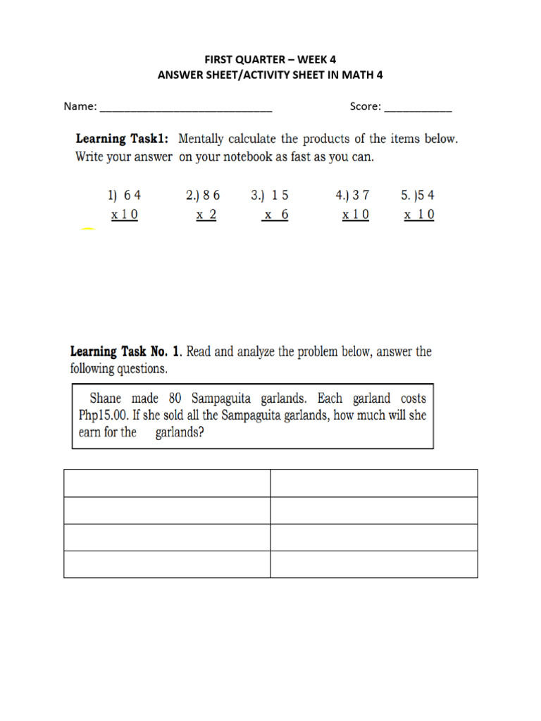 Math 4 Week 4 Activity Sheet | PDF