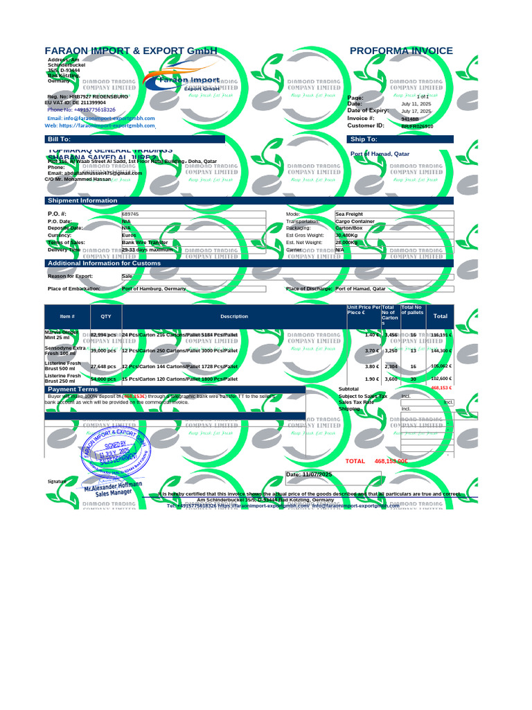 Faraon Import & Export Invoice to Qatar | PDF | Invoice | Cargo