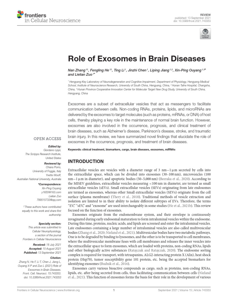 Exosomes' Role in Brain Diseases | PDF | Biochemistry | Chemistry