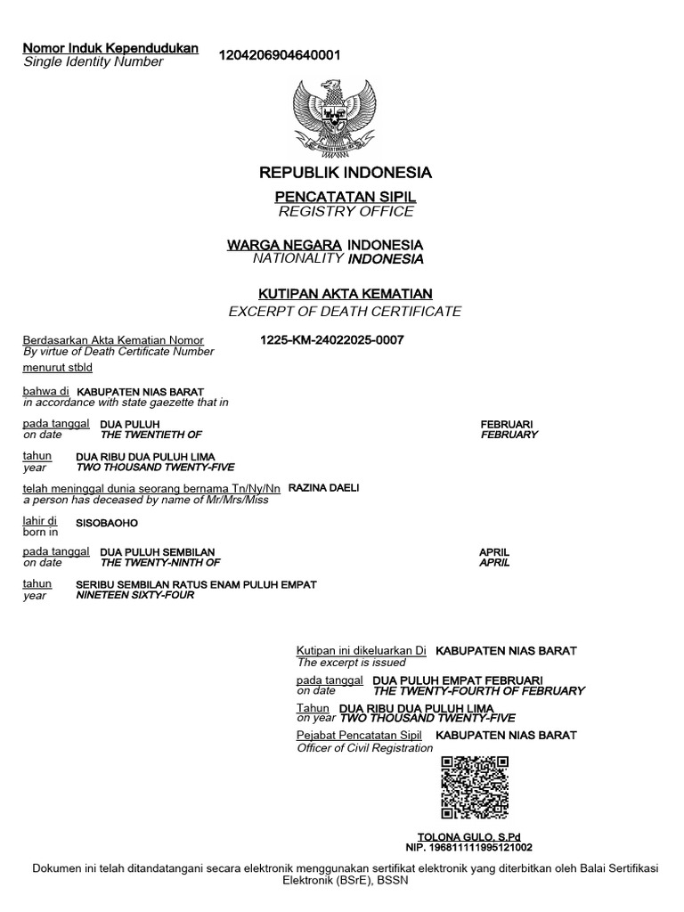 Kutipan Akta Kematian Razina Daeli | PDF