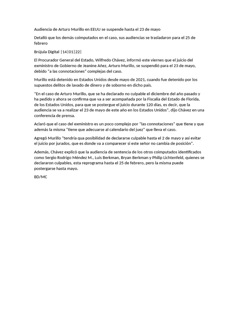 Audiencia de Arturo Murillo en EEUU Se Suspende Hasta El 23 de Mayo | PDF