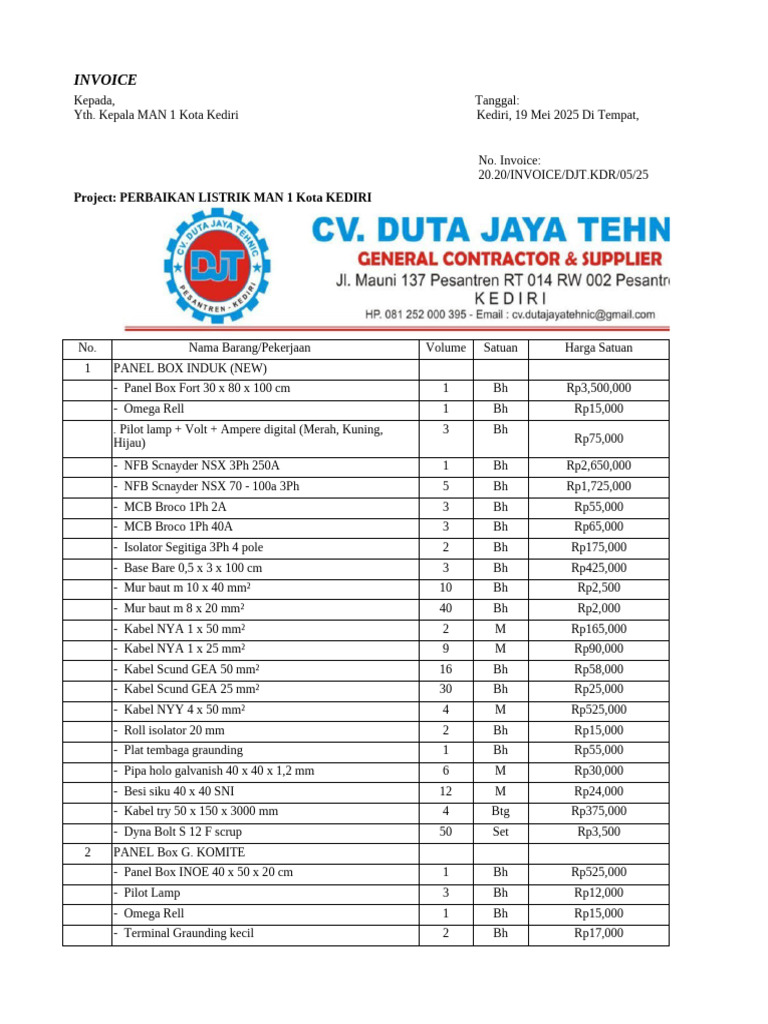 INVOICE Pekerjaan Listrik | PDF