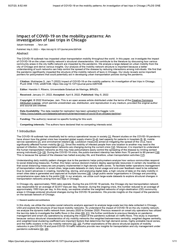 Impact of COVID-19 On The Mobility Patterns - An Investigation of Taxi ...
