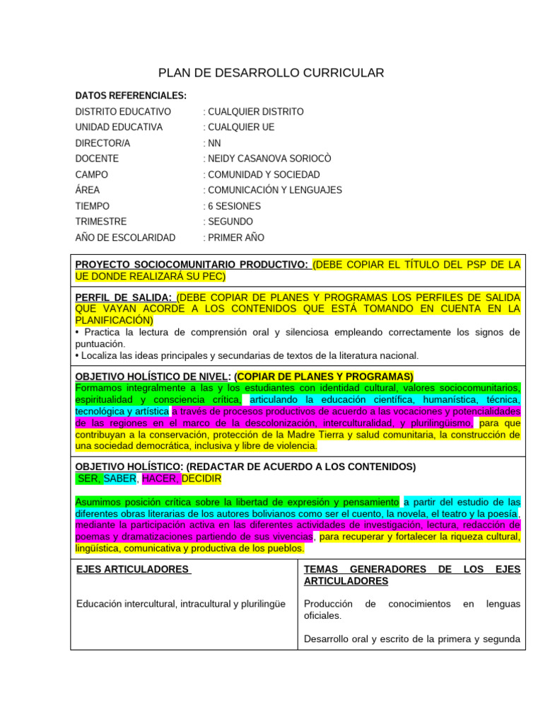 Plan de Desarrollo Curricular 1er Año | PDF | Aprendizaje | Escritores