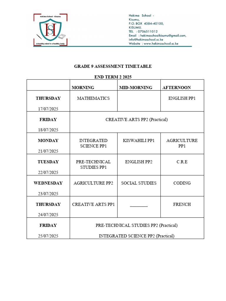Grade 9 End Term 2 Exam Timetable 2025 | PDF