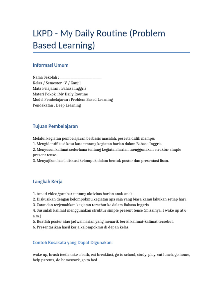 LKPD PBL My Daily Routine | PDF