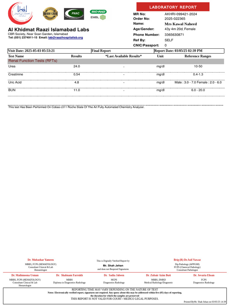 RFTs Report for Mrs. Kawal Naheed | PDF | Pathology | Health Care
