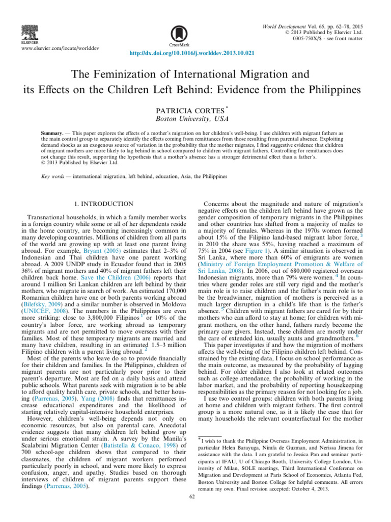 Effects of Mother's Migration on Filipino Children | PDF | Immigration ...