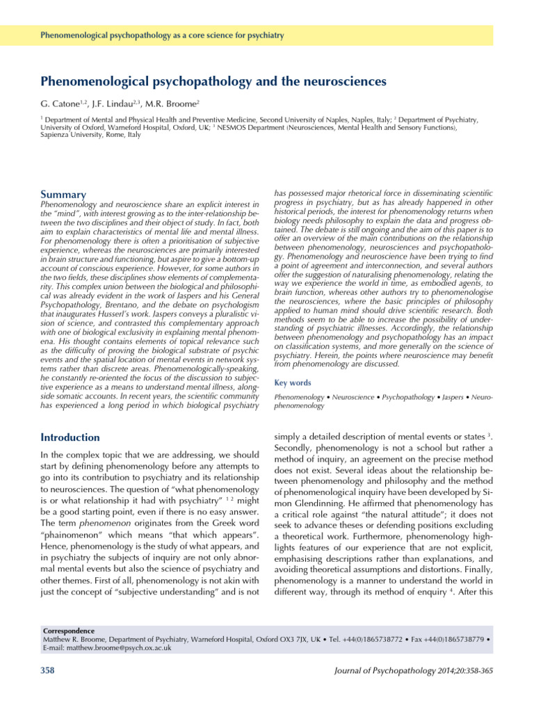 Phenomenology in Psychiatry and Neuroscience | PDF | Phenomenology ...