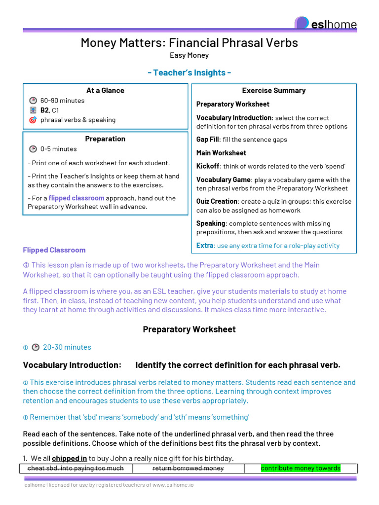 Financial Phrasal Verbs for ESL | PDF | Worksheet | Learning