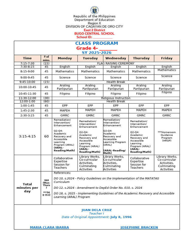 ARAL Program Class Schedule for Grades 4-6 | PDF | Pedagogy