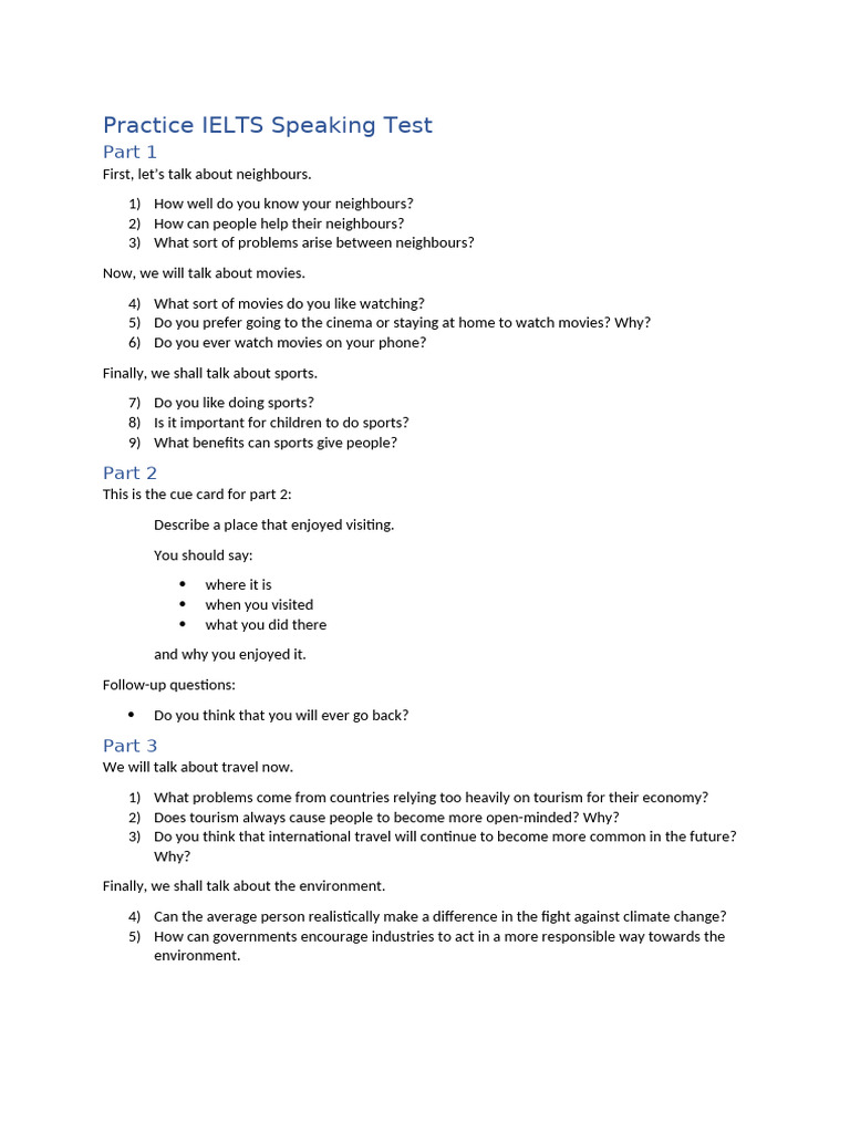 IELTS Speaking Test Practice Guide | PDF