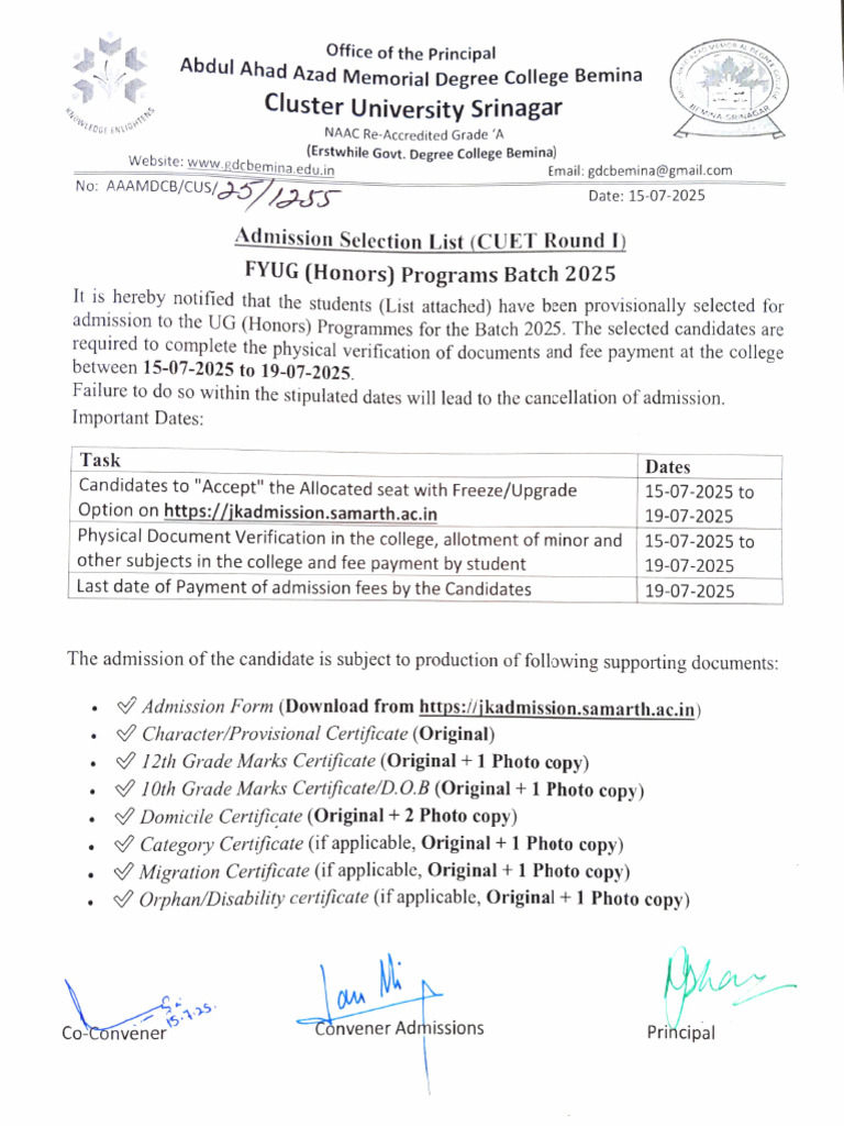 Admission List for UG Honors 2025 | PDF