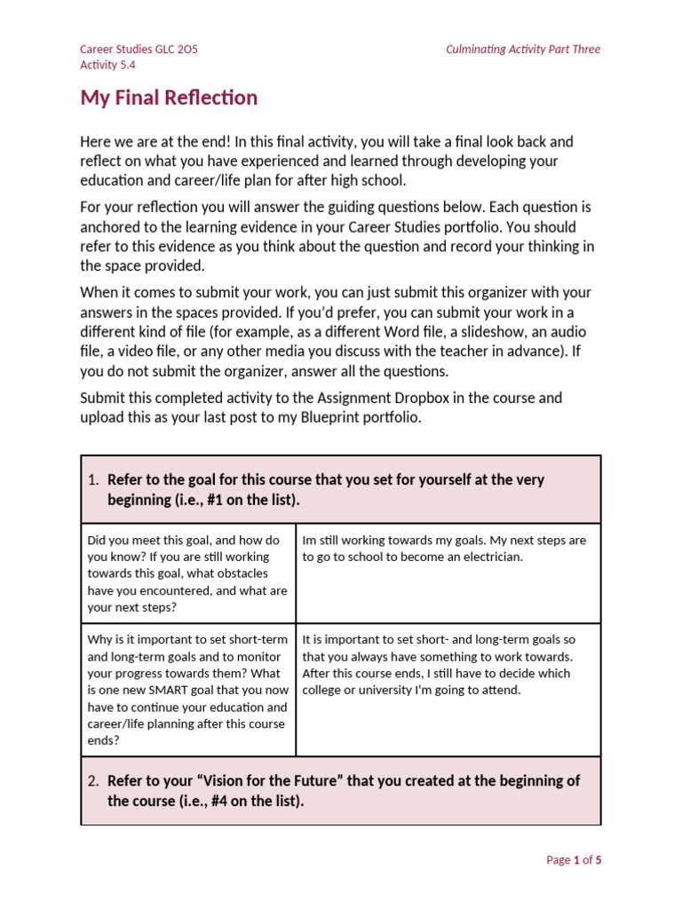 Final Reflection on Career Studies Goals | PDF | Behavior Modification ...