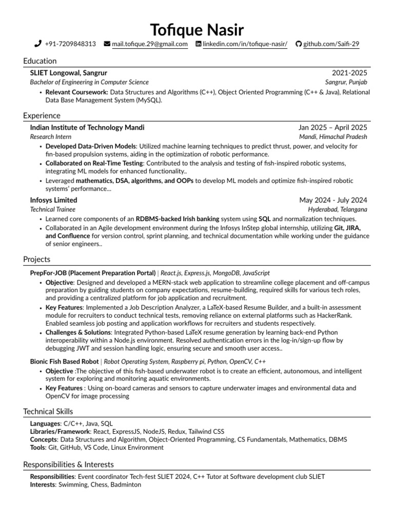 Toﬁque Nasir: Computer Science Engineer | PDF | Computer Science ...